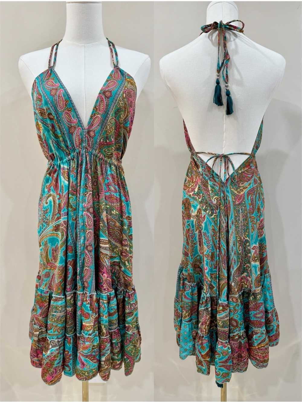 100% Silk Paisley Halter Open Back Mini Dress Tassel Tie Boho One Size